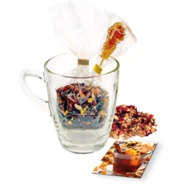 Set de taza de té | Vidrio | Con una taza, té navideño y palo de caramelo | Impresión en la tarjeta y en la etiqueta