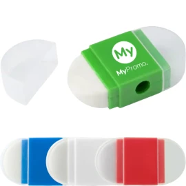 Pencil sharpener | Polystyrene | Double use as an eraser | Cap for each side