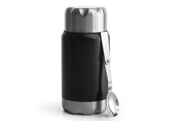 Thermos bottle | Stainless steel | 600 ml | Folding spoon in the lid | Black