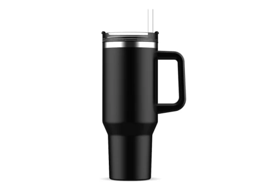 Mug avec anse | Acier inoxydable et rPET | 1,2 L | Paille | Imitation Stanley | Noir
