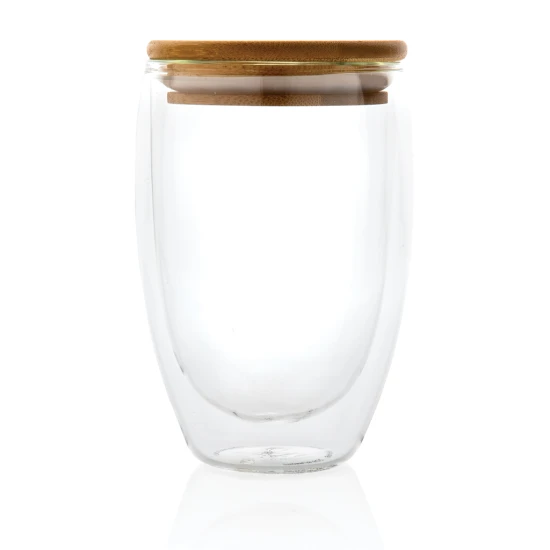 Dubbelwandige beker | Borosilicaatglas | Bamboe deksel | 350ml | transparant