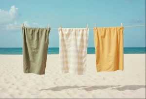 Personalized towels with logos spread out on a sandy beach