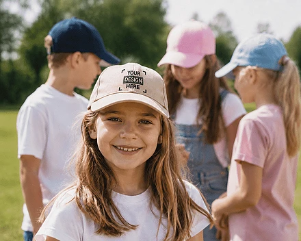 Kind mit bedrucktem Hut und Logo