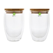 Ensemble de verres isothermos | Verre en borosilicate avec couvercle en bambou | 350ml Ensemble de verres isothermos | Verre en borosilicate avec couvercle en bambou | 350ml