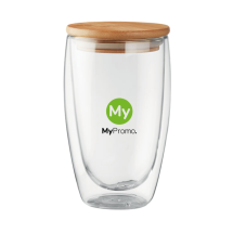 Glasbecher | Doppelwandiges Borosilikatglas | Deckel aus Bambus | 450ml Glasbecher | Doppelwandiges Borosilikatglas | Deckel aus Bambus | 450ml