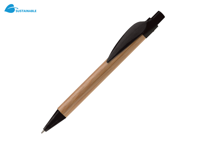 Eco ballpoint pen | Bamboo and plastic | Leaf-shaped clip | Black