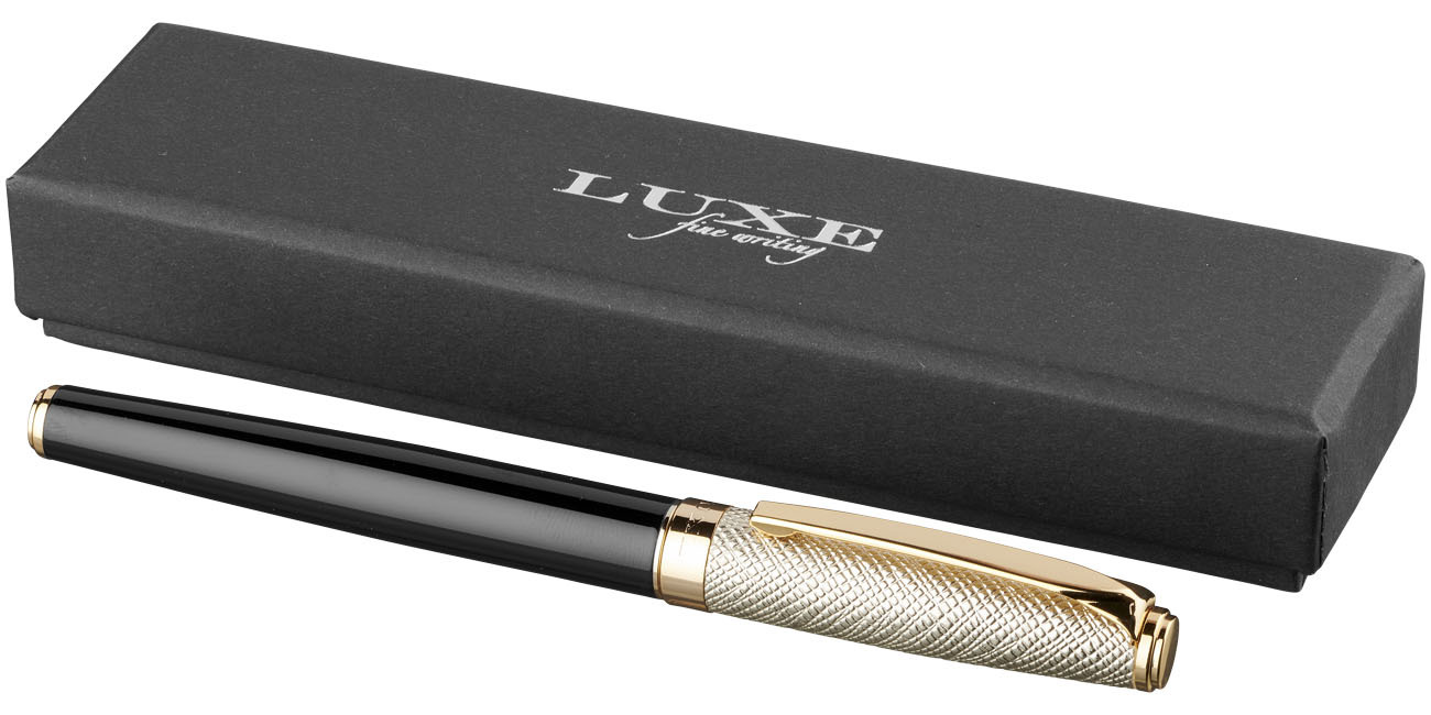 Rollerball pen | Metal | Gold leather cap | solid black;gold