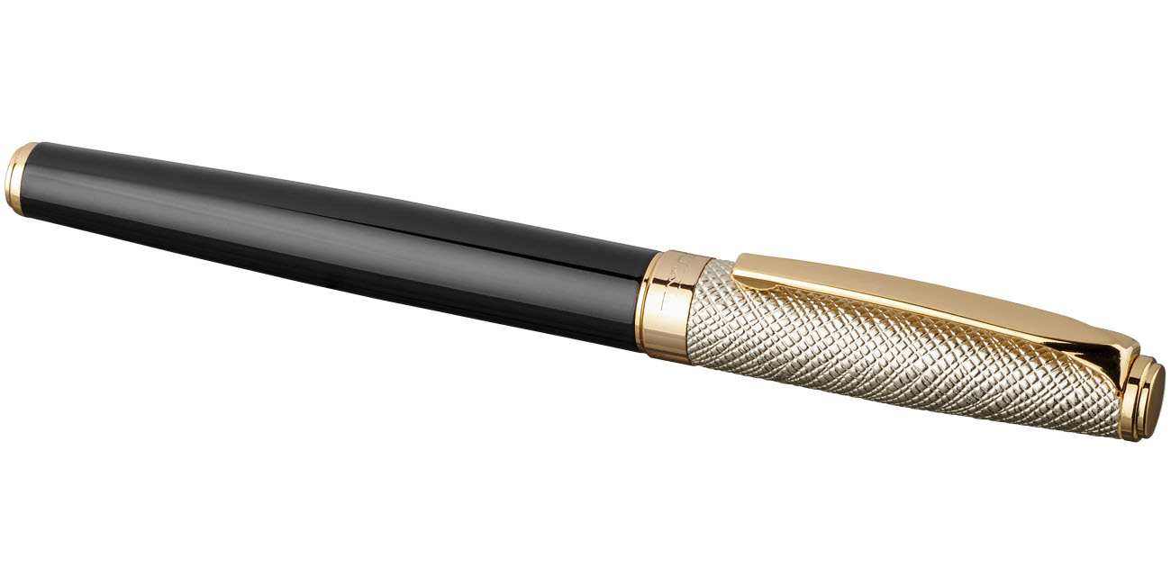 Rollerball pen | Metal | Gold leather cap | solid black;gold