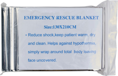 Aluminium foil thermal blanket | Packaged in a polybag | 210 x 130 x 0,1 cm | silver