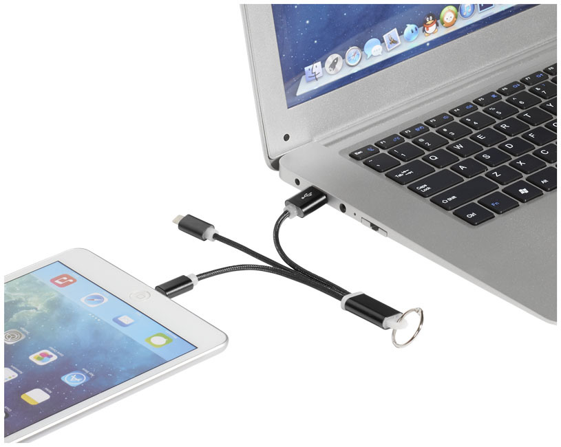 Metalen 3-in-1 oplaadkabel met sleutelhanger - Zwart