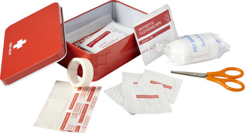 15 Piece first-aid kit in a metal tin | red