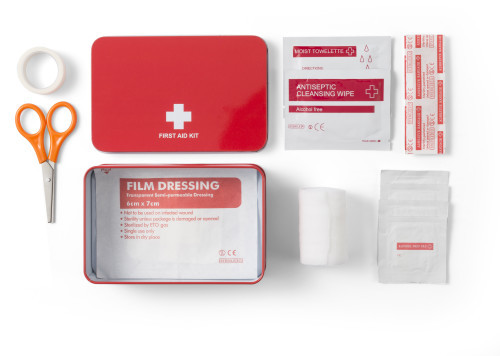 15 Piece first-aid kit in a metal tin | red