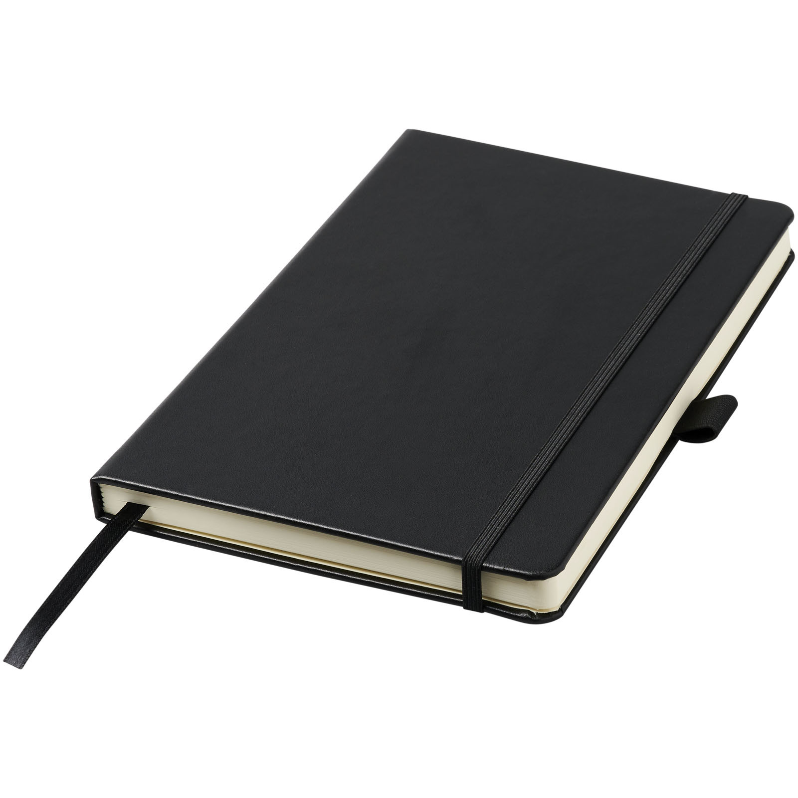 A5 notebook | Leatherette paper | 96 lined cream sheets | Pen loop | solid black