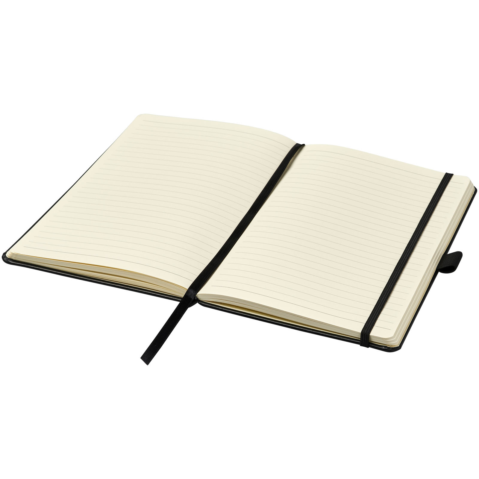 A5 notebook | Leatherette paper | 96 lined cream sheets | Pen loop | solid black