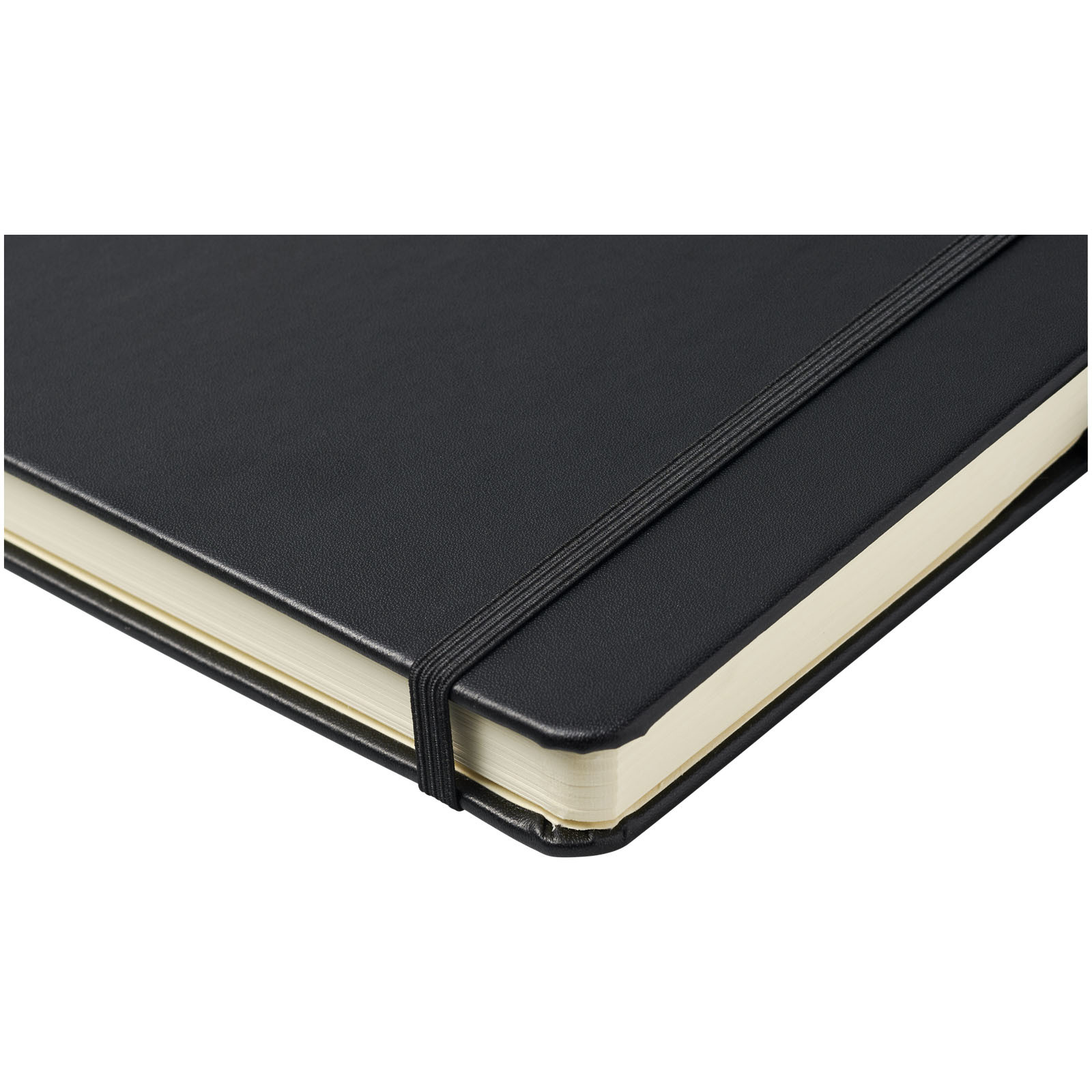 A5 notebook | Leatherette paper | 96 lined cream sheets | Pen loop | solid black