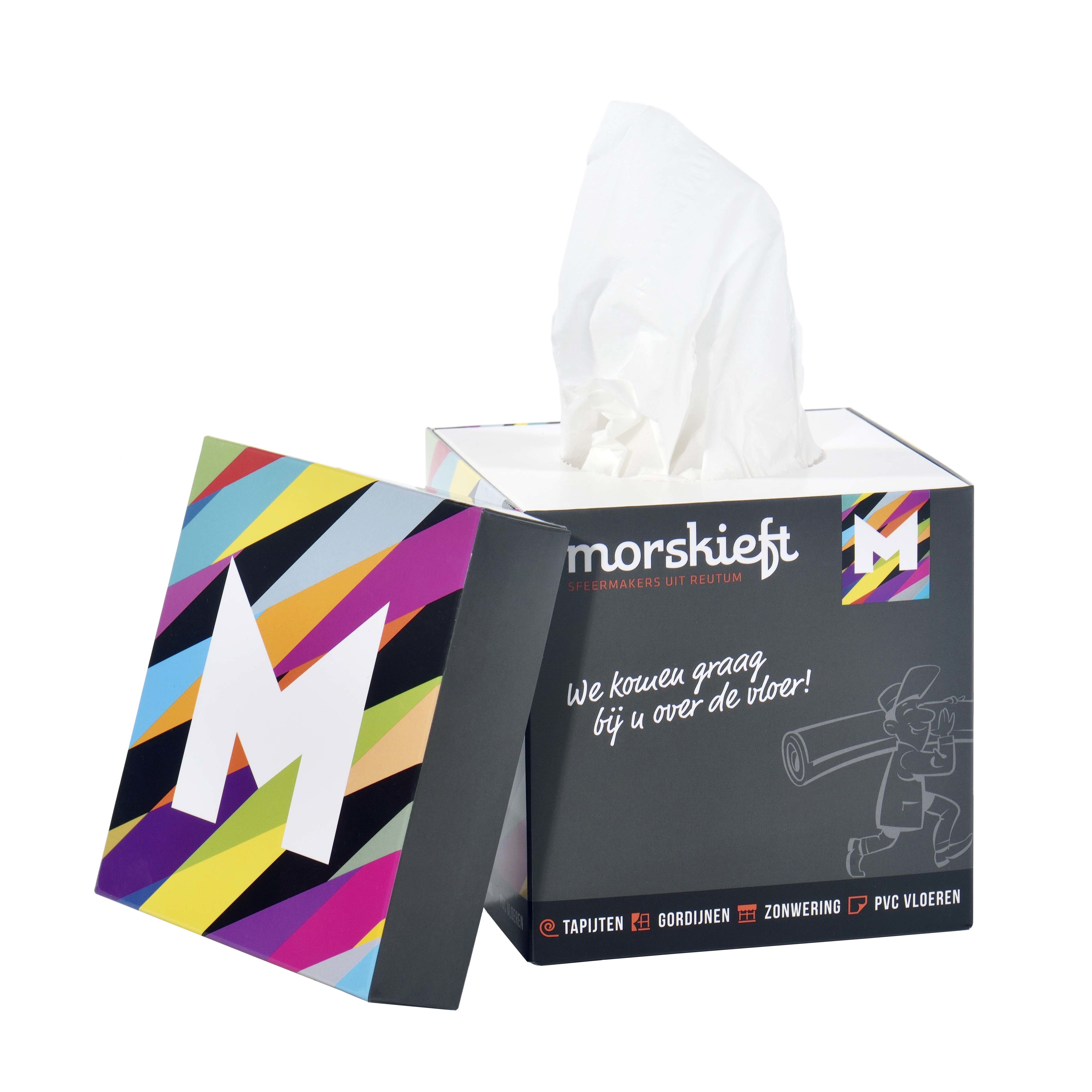 Square tissue box | 50 tissues | Print on all sides | With lid | 3-ply tissues | white