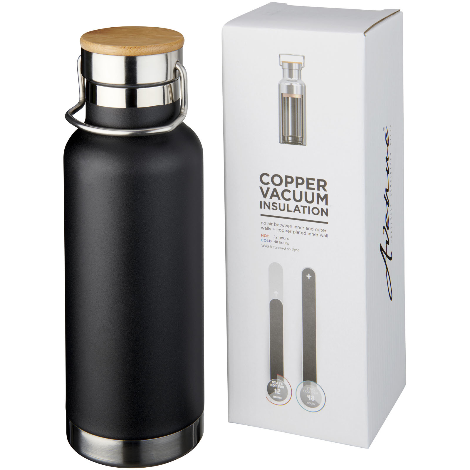 Thermo sports bottle | Stainless steel | 480 ml | Wood detail | solid black Thermo sports bottle | Stainless steel | 480 ml | Wood detail | solid black