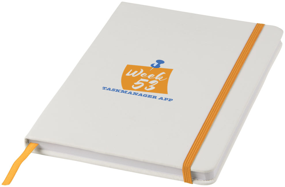 Carnet A5 | PU et carton | 160 feuilles lignées | Sangle colorée | blanc;orange