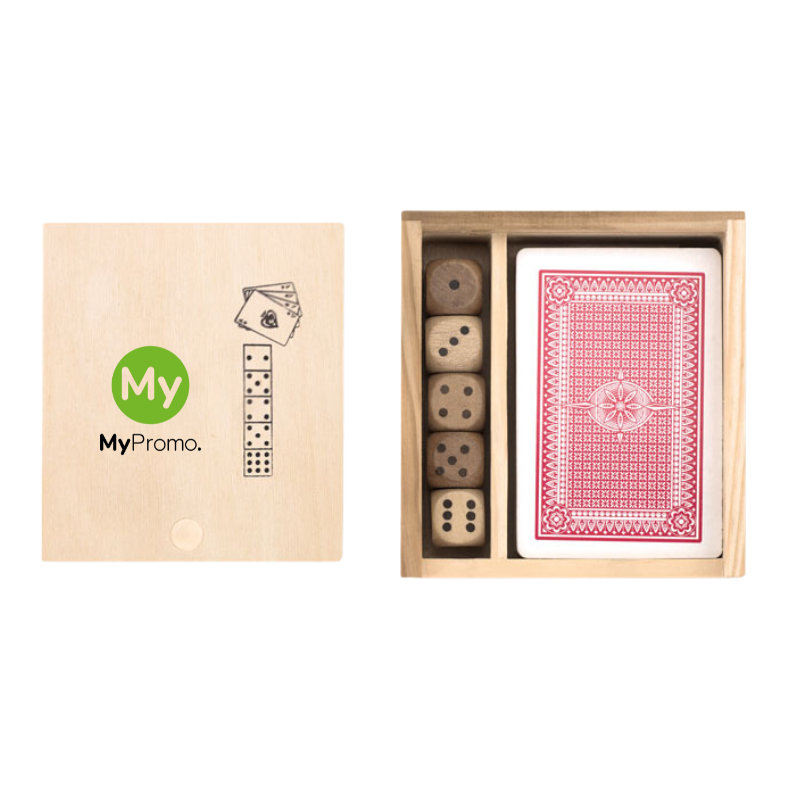 Set da gioco | Scatola di legno | 54 carte e 5 dadi | Pratico