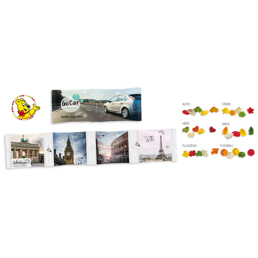 Chaînes de sachets Haribo | 4x5g | Bonbons gélifiés aux fruits | Impression en quadrichromie pour le titre Chaînes de sachets Haribo | 4x5g | Bonbons gélifiés aux fruits | Impression en quadrichromie pour le titre