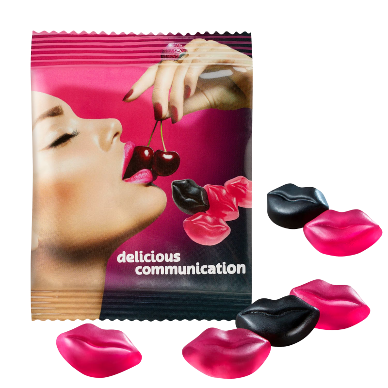 Bonbons gélifiés aux fruits | Goût cerise | 15g | Végan | Forme de bouche | Impression en couleurs sur toute la surface Bonbons gélifiés aux fruits | Goût cerise | 15g | Végan | Forme de bouche | Impression en couleurs sur toute la surface