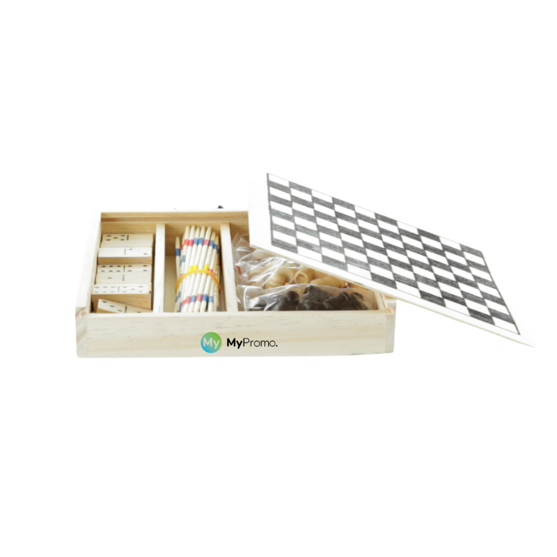 Set da gioco | Legno | 16 x 16 x 3 cm | Mikado | Scacchi | Dama | Domino