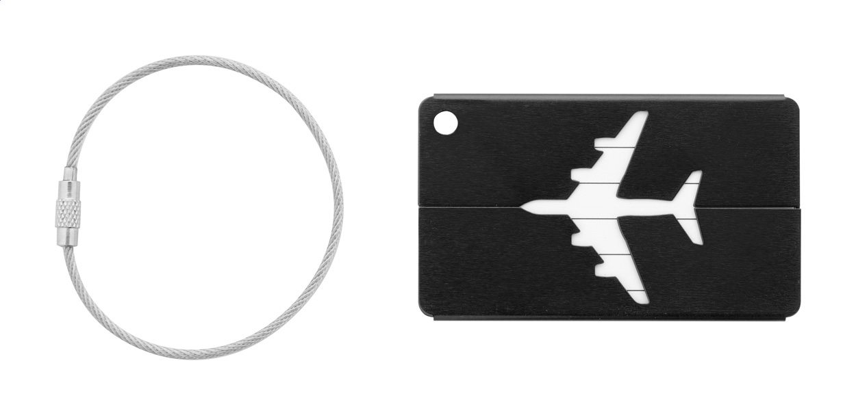 Luggage tag | Aluminium | With airplane motive and string | Black