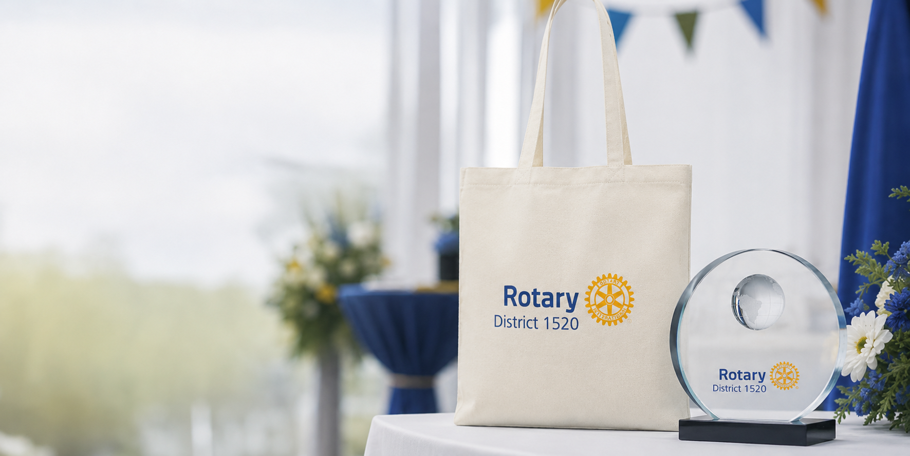 Sac en coton recycle et trophee globe en verre mis en avant pour Rotary International