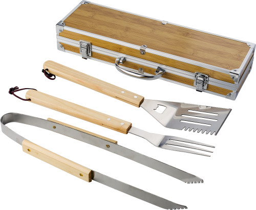 3-piece barbecue set | Bamboo | Aluminium case | brown 3-piece barbecue set | Bamboo | Aluminium case | brown