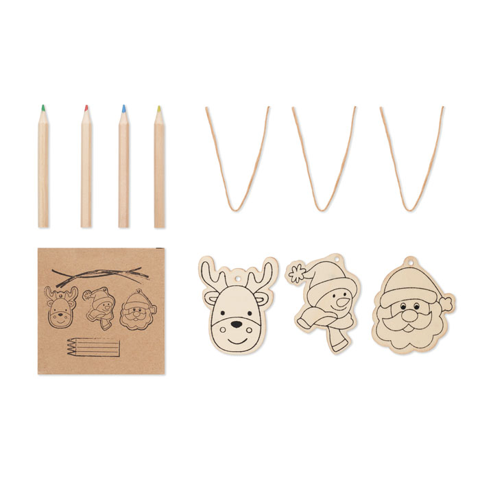 Weihnachtsschmuck | Holz | 3er-Set | Mit 4 Buntstiften