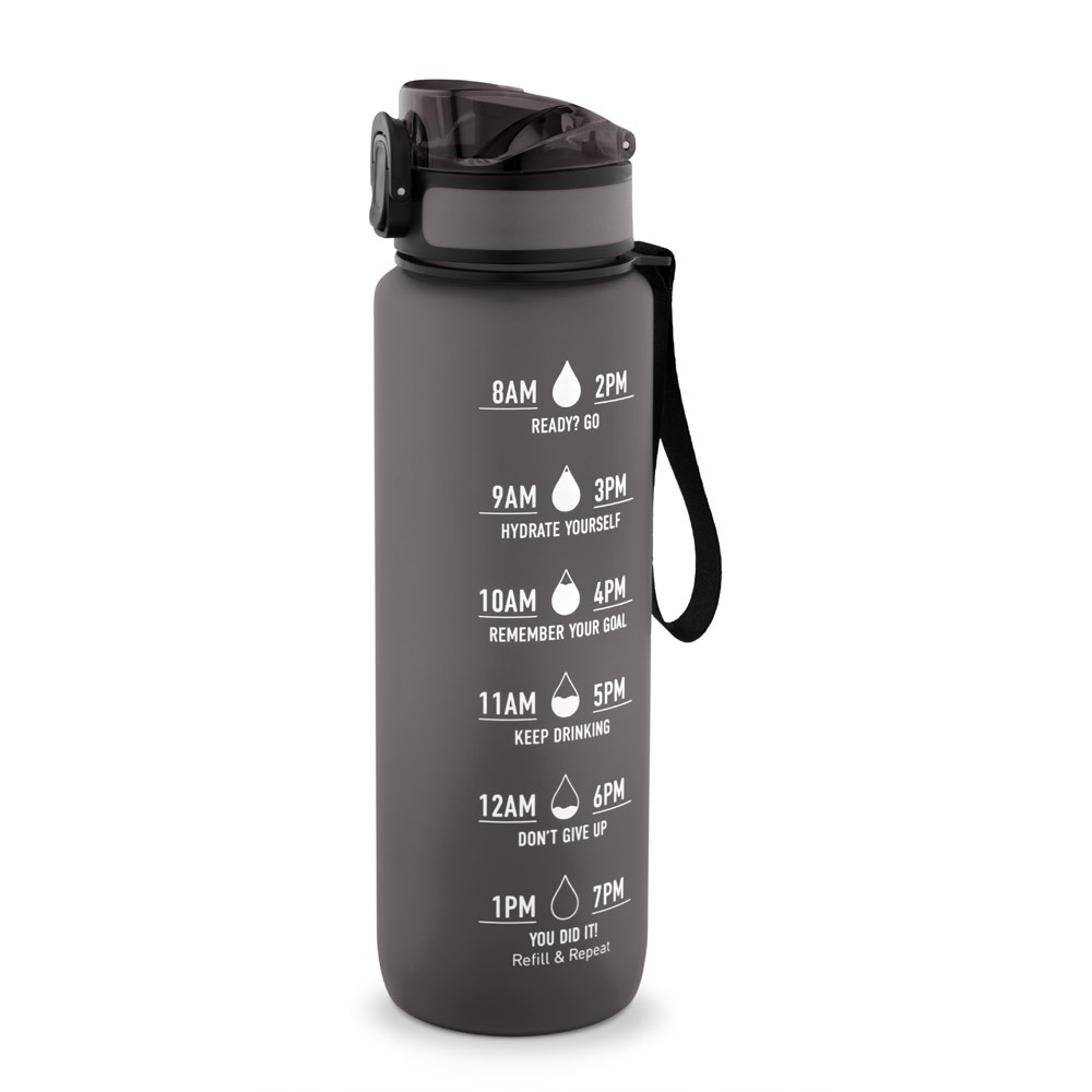 Gourde de sport | PET recyclé | 1060 ml | Repères horaires motivants | Poignée de transport
