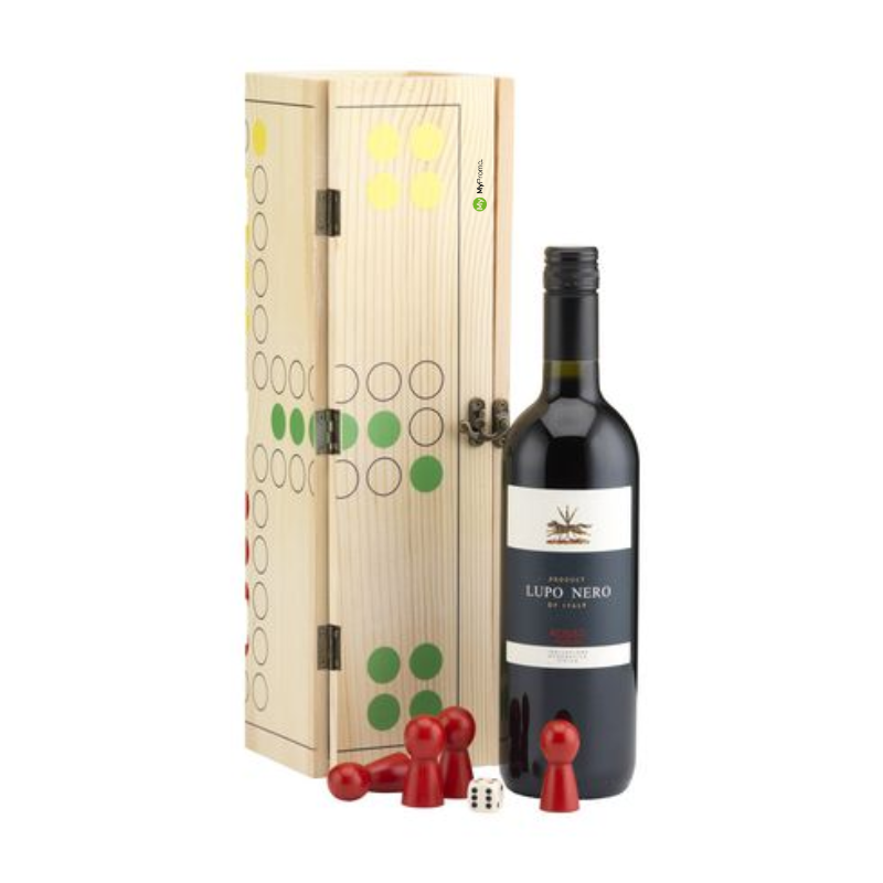 Scatola di vino 2 in 1 | Legno certificato | Adatto per 1 bottiglia di vino | Doppio utilizzo come gioco da tavolo