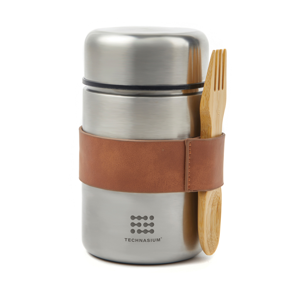 Thermosflasche | Rostfreier Stahl | 500 ml | Holzlöffel | silber