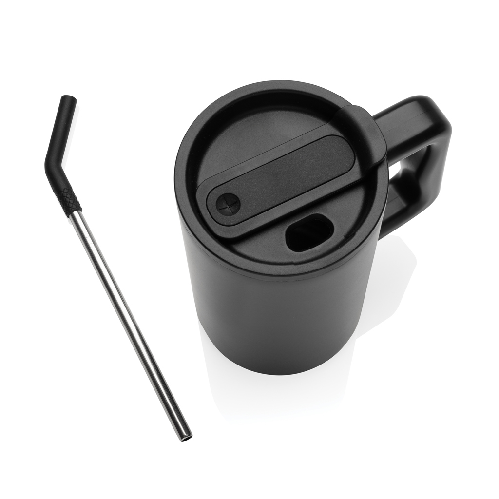 Mug isotherme | Acier recyclé | 800ml | Avec paille | Durable | noir