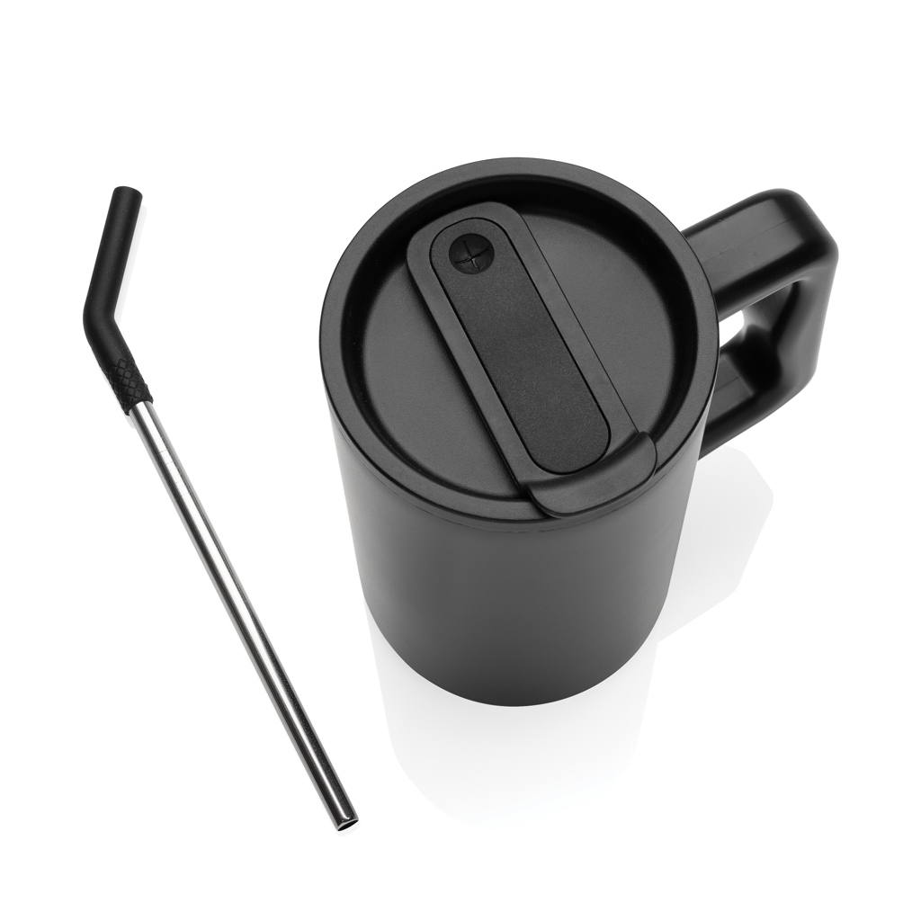 Mug isotherme | Acier recyclé | 800ml | Avec paille | Durable | noir