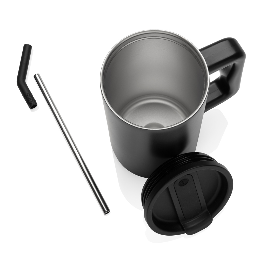 Mug isotherme | Acier recyclé | 800ml | Avec paille | Durable | noir