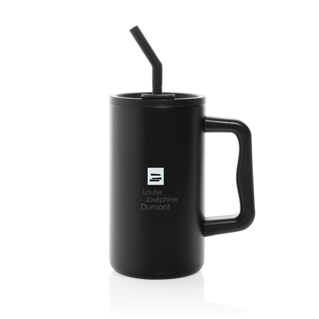 Mug isotherme | Acier recyclé | 800ml | Avec paille | Durable | noir