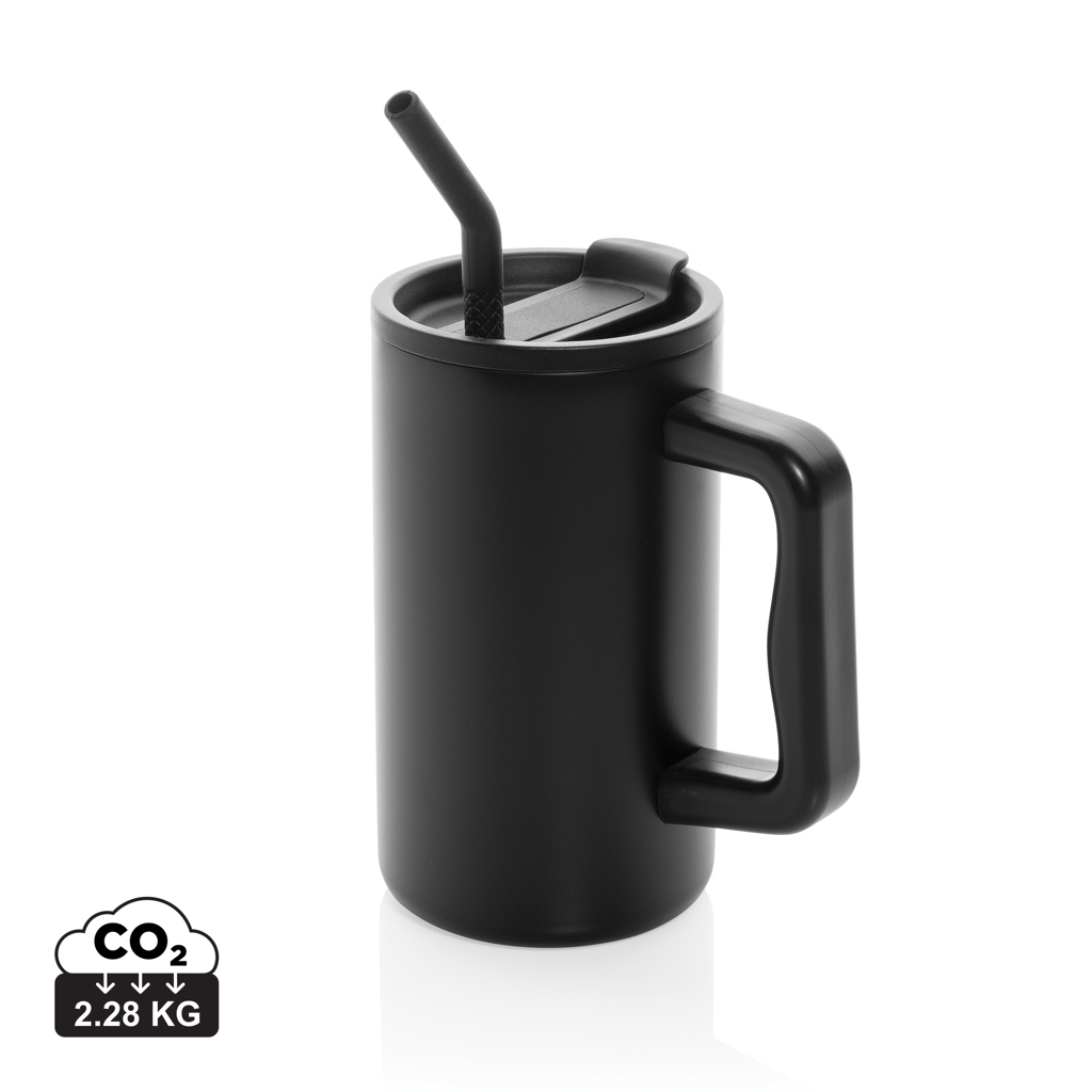 Mug isotherme | Acier recyclé | 800ml | Avec paille | Durable | noir
