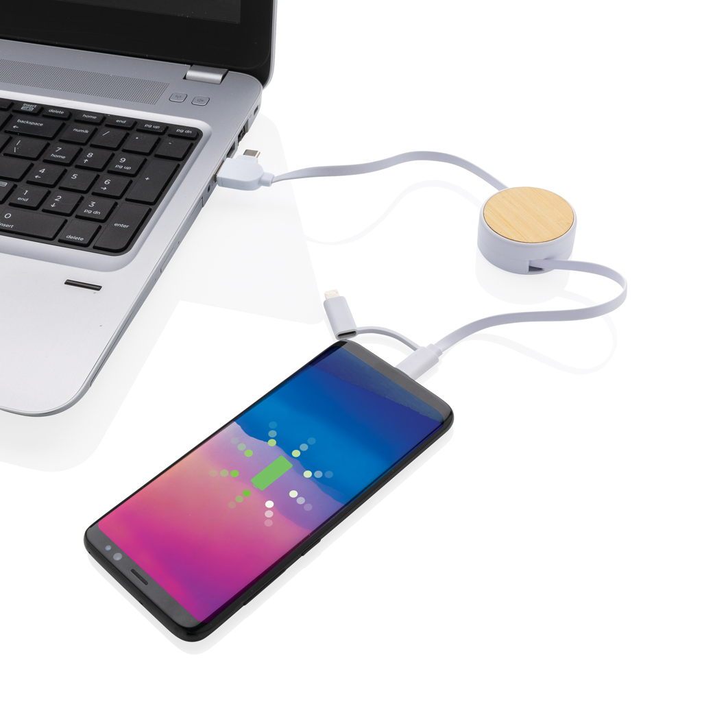 Einziehbares Kabel | Recyceltes Plastik & Bambus | 6-in-1 | weiß