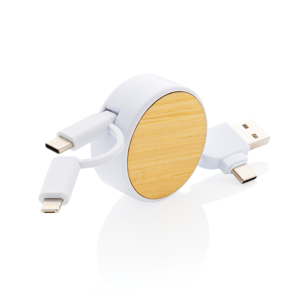 Einziehbares Kabel | Recyceltes Plastik & Bambus | 6-in-1 | weiß