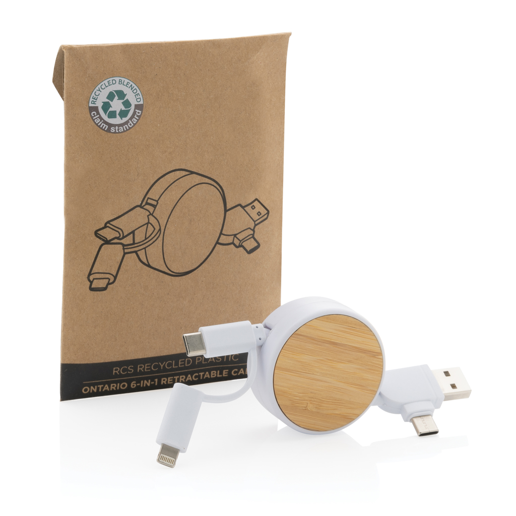 Einziehbares Kabel | Recyceltes Plastik & Bambus | 6-in-1 | weiß