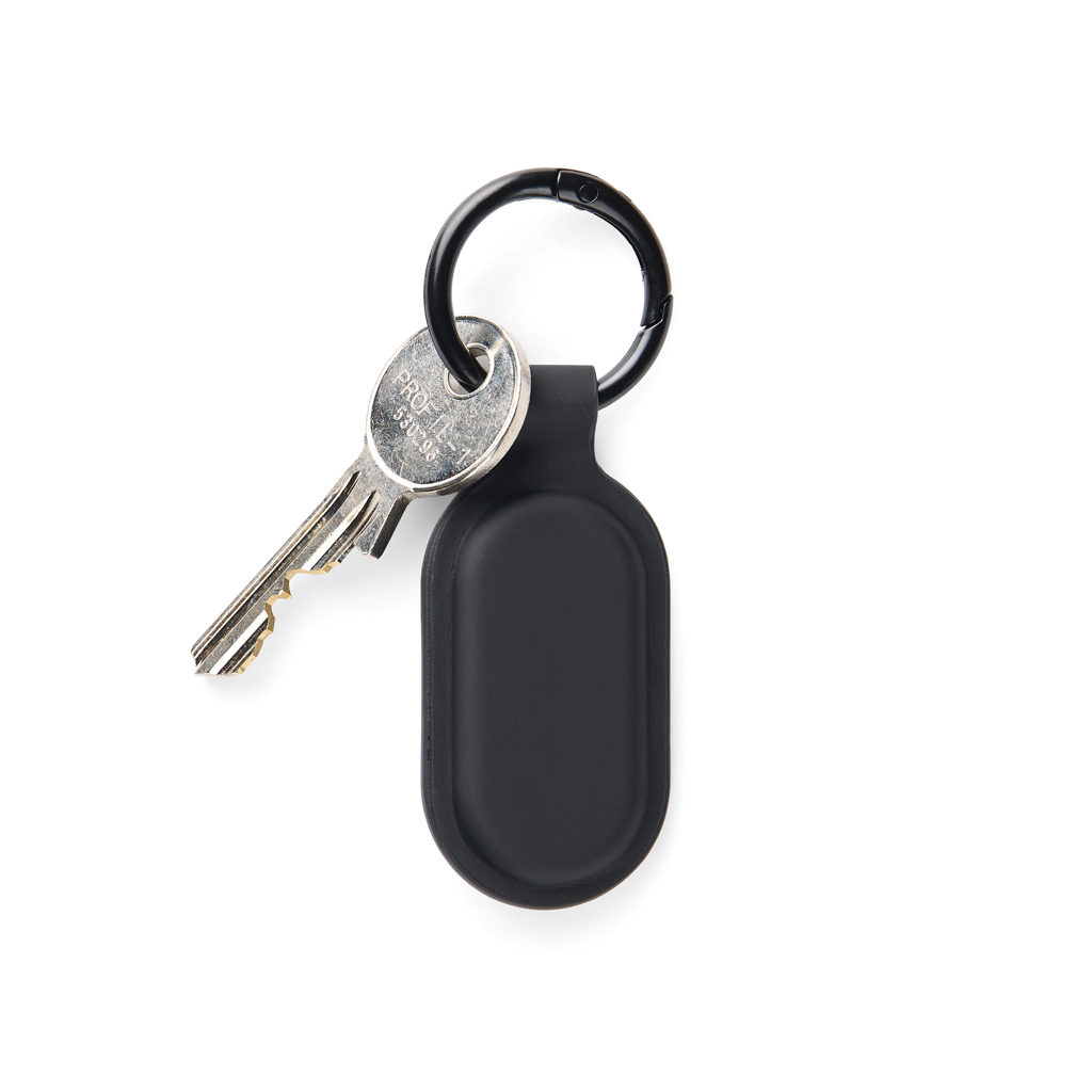 Schlüsselanhänger mit Gegenstandsfinder | RCS-zertifiziertes recyceltes ABS mit PU-Beschichtung | Apple Find My & Android Find Hub | Bluetooth 5.2 | 75–85 dB | Schwarz