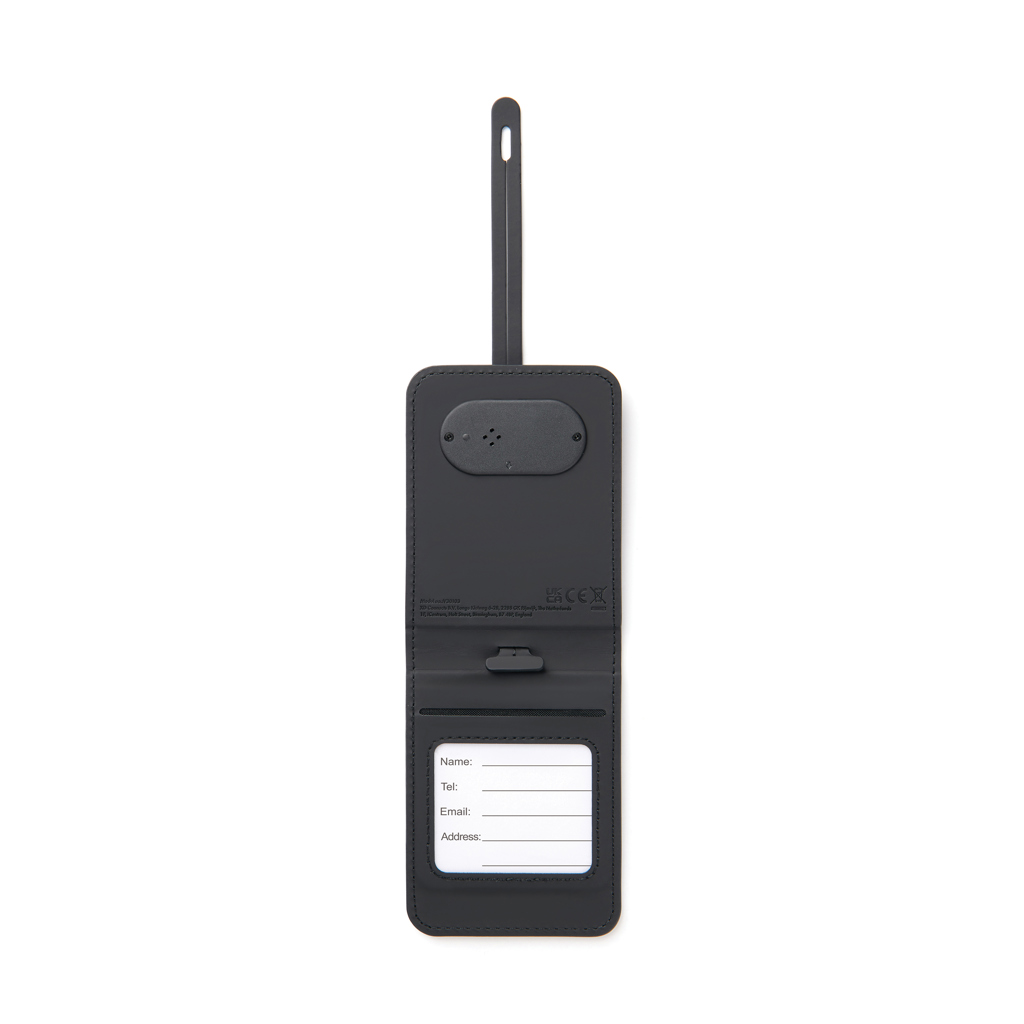 Gepäckanhänger mit Gegenstandsfinder | RCS-zertifiziertes recyceltes ABS mit PU-Beschichtung | Apple Find My & Android Find Hub | Bluetooth 5.2 | 10x7,5x1 cm | Schwarz