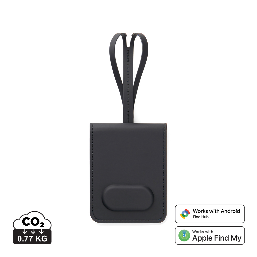 Gepäckanhänger mit Gegenstandsfinder | RCS-zertifiziertes recyceltes ABS mit PU-Beschichtung | Apple Find My & Android Find Hub | Bluetooth 5.2 | 10x7,5x1 cm | Schwarz