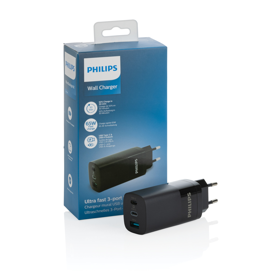 USB wall charger | Philips | ABS | 65W | 3-port USB | black