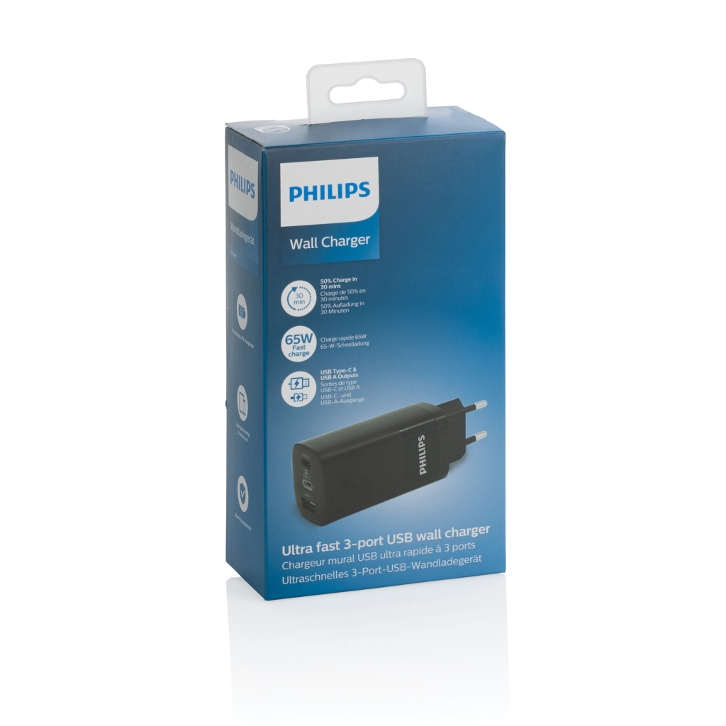 USB wall charger | Philips | ABS | 65W | 3-port USB | black