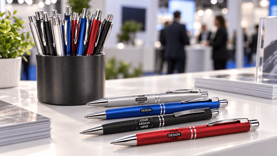 Metall-Kugelschreiber mit Werbeaufdruck auf einer Messe