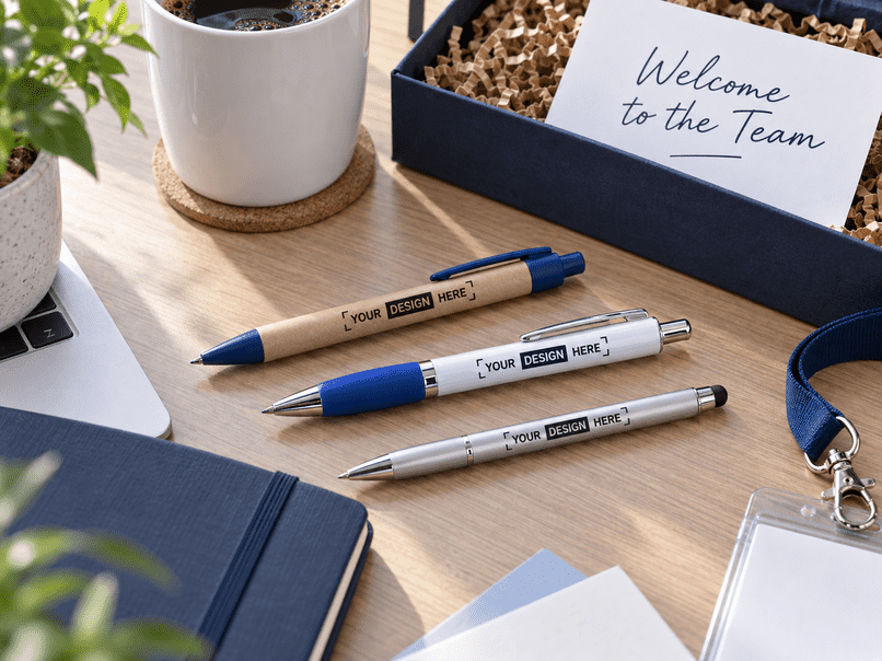 Kugelschreiber neben Notizbuch und Welcome-to-the-Team-Karte