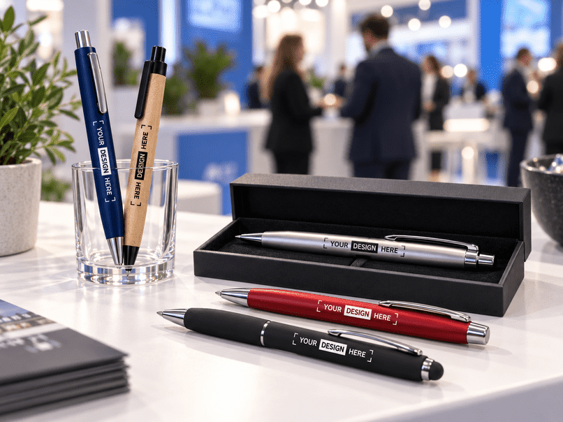 Kugelschreiber auf einem Messestand-Tisch