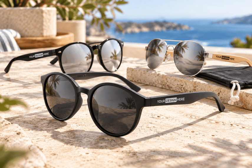 Bedruckte Sonnenbrille mit rundem Rahmen und Logo